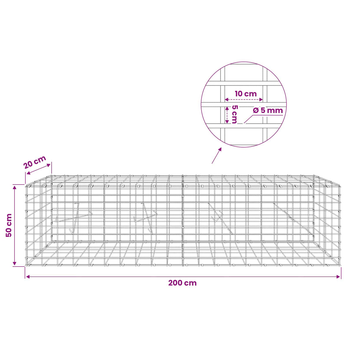 Gabion with 5 mm Wire and 5x10 cm Mesh 200x20x50 cm