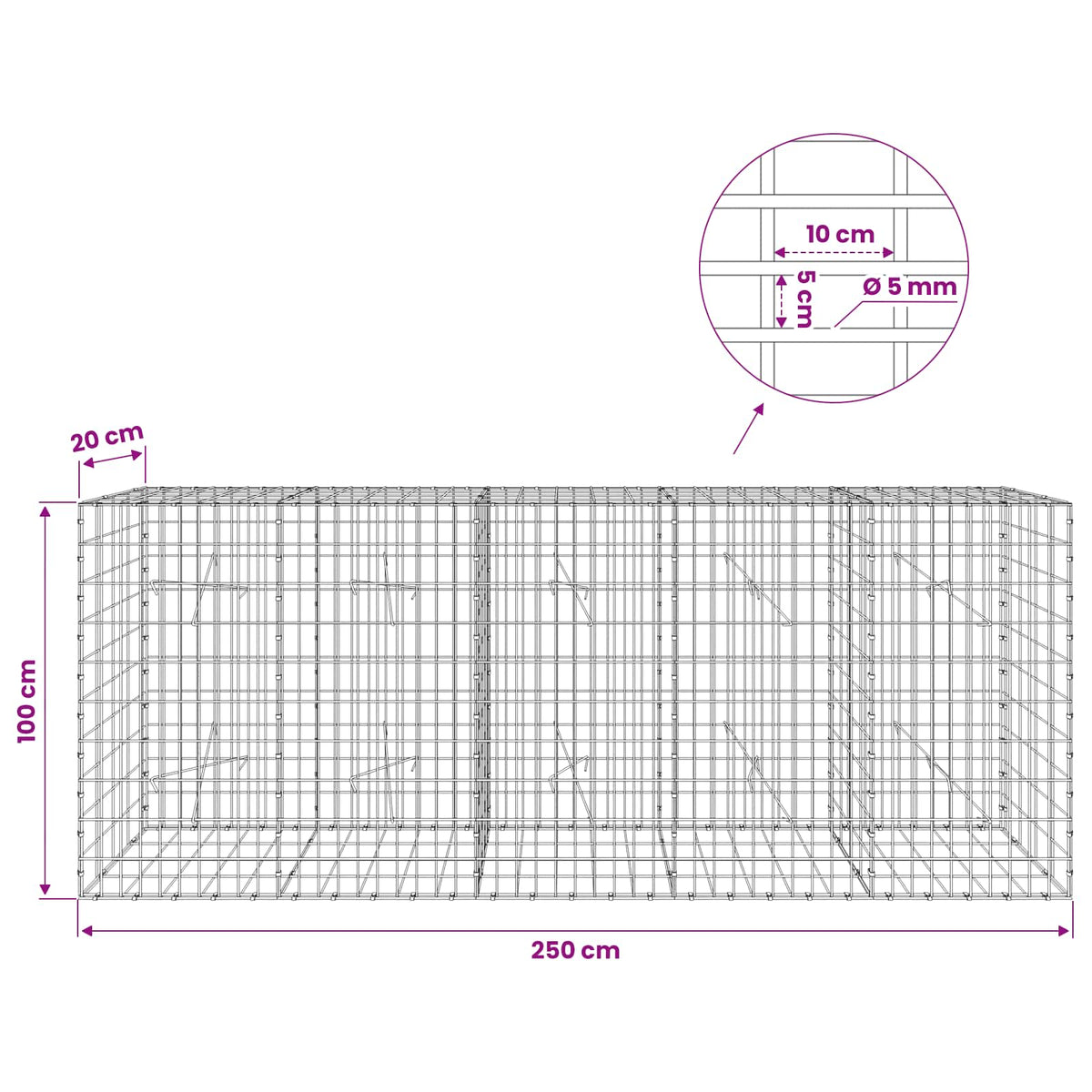 Gabion with 5 mm Wire and 5x10 cm Mesh 250x20x100 cm