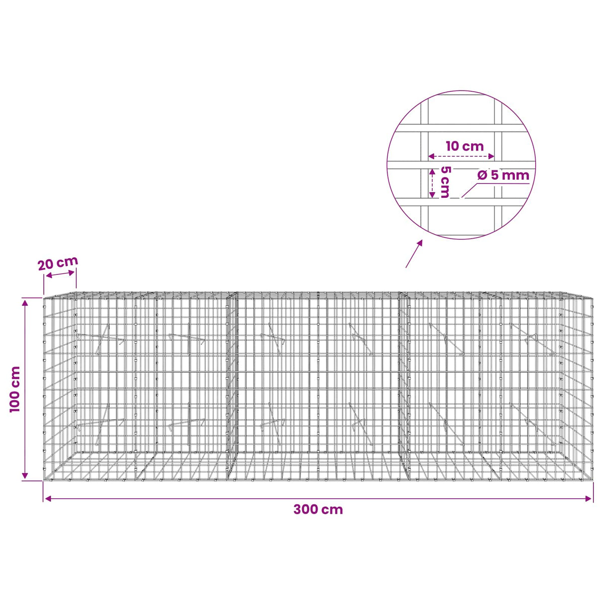 Gabion with 5 mm Wire and 5x10 cm Mesh 300x20x100 cm