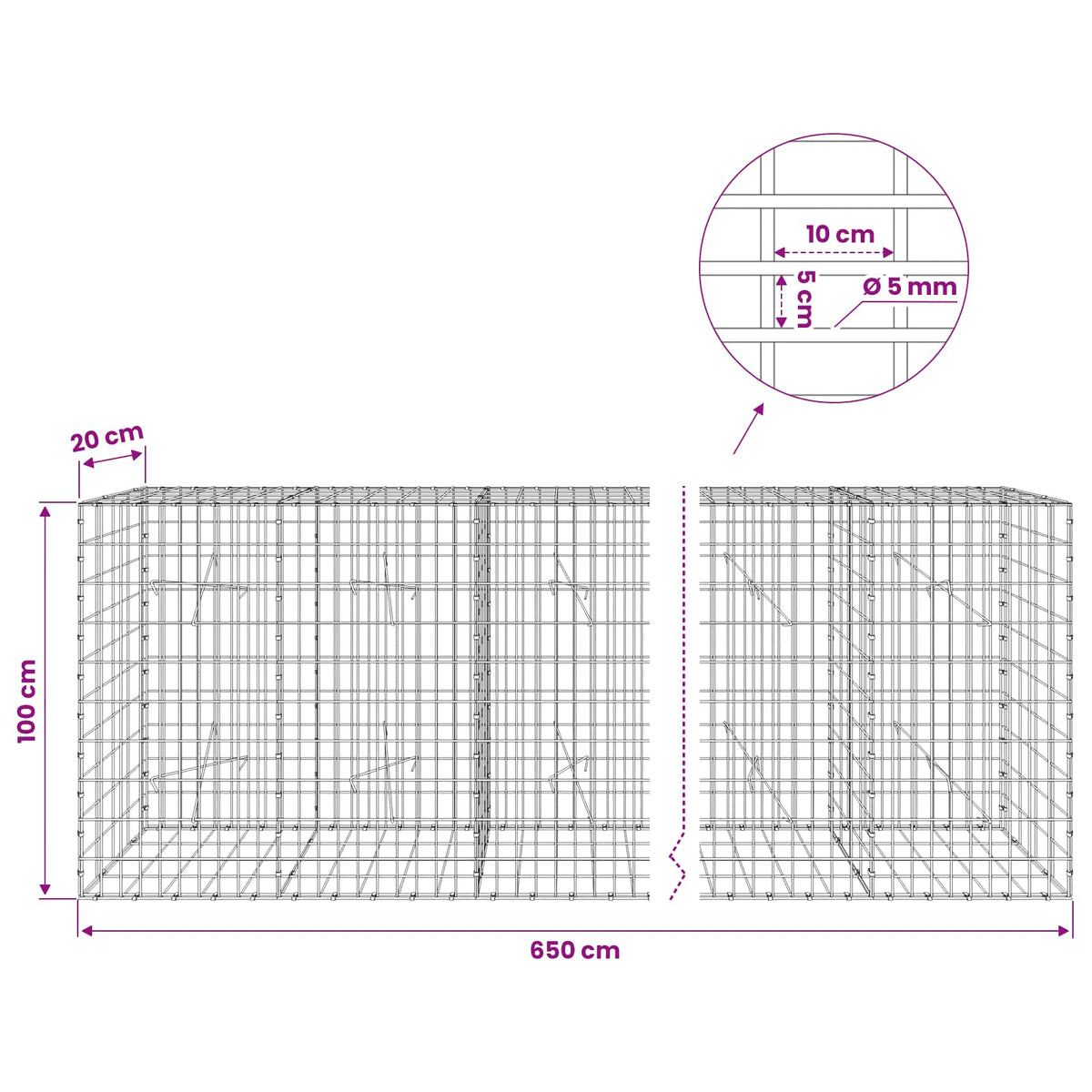 Gabion with 5 mm Wire and 5x10 cm Mesh 650x20x100 cm