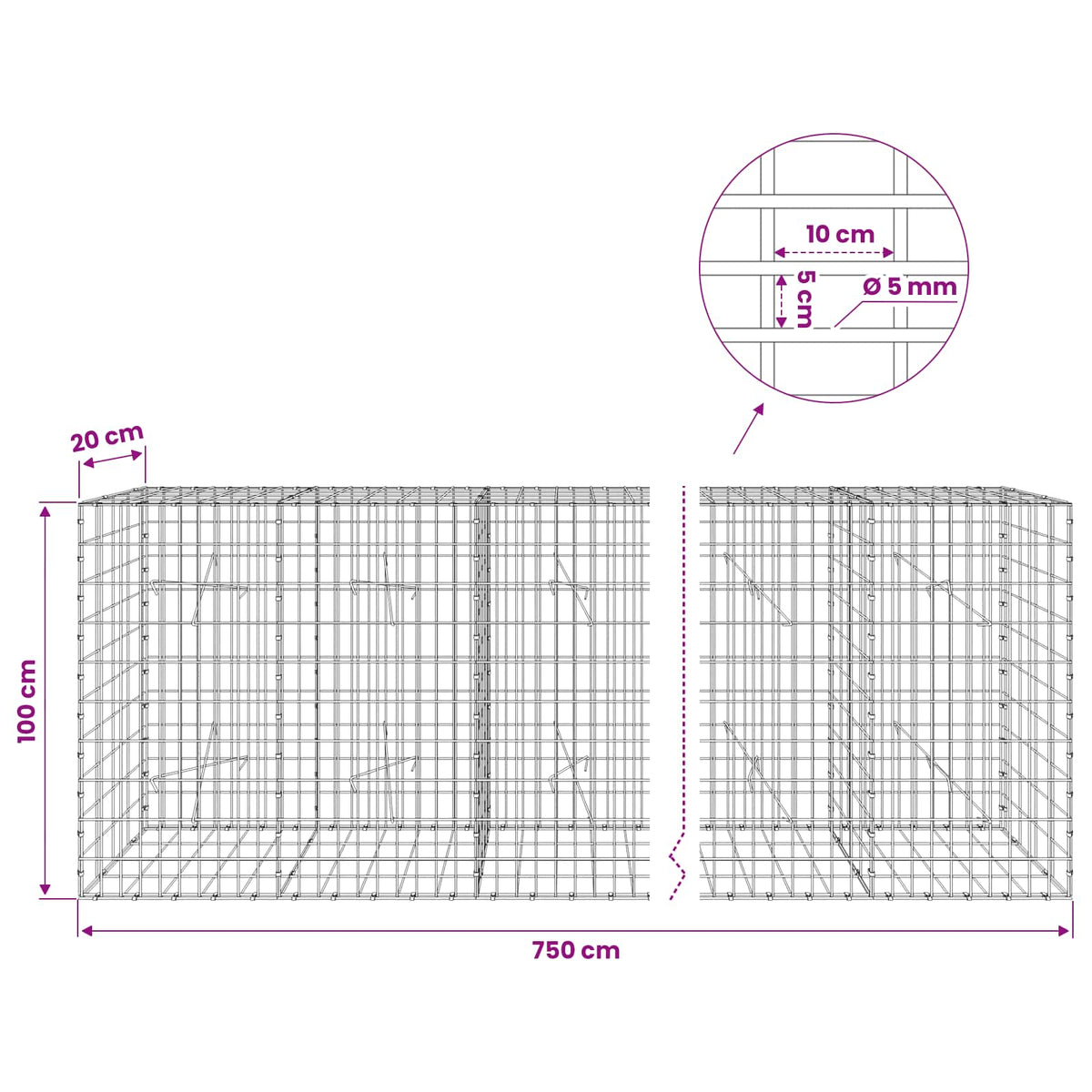 Gabion with 5 mm Wire and 5x10 cm Mesh 750x20x100 cm