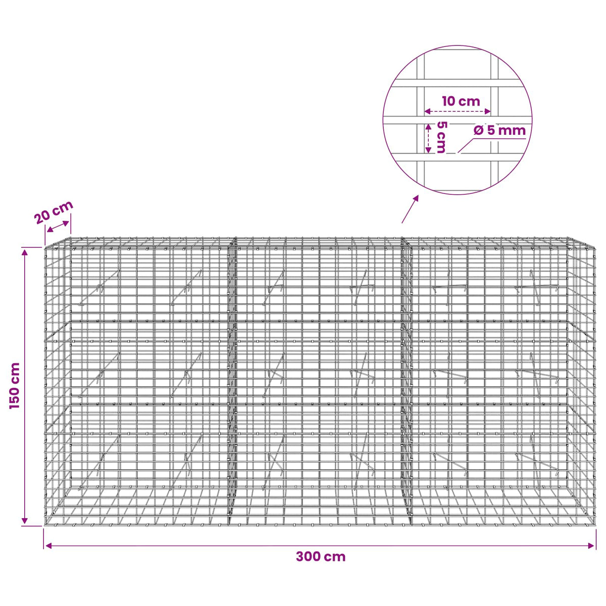 Gabion with 5 mm Wire and 5x10 cm Mesh 300x20x150 cm