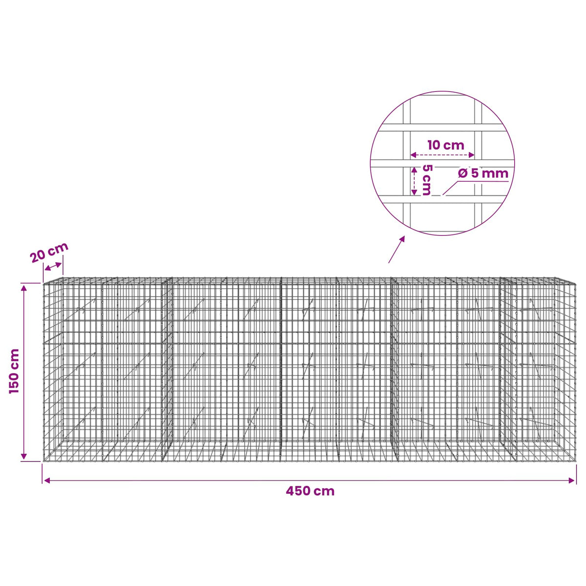 Gabion with 5 mm Wire and 5x10 cm Mesh 450x20x150 cm