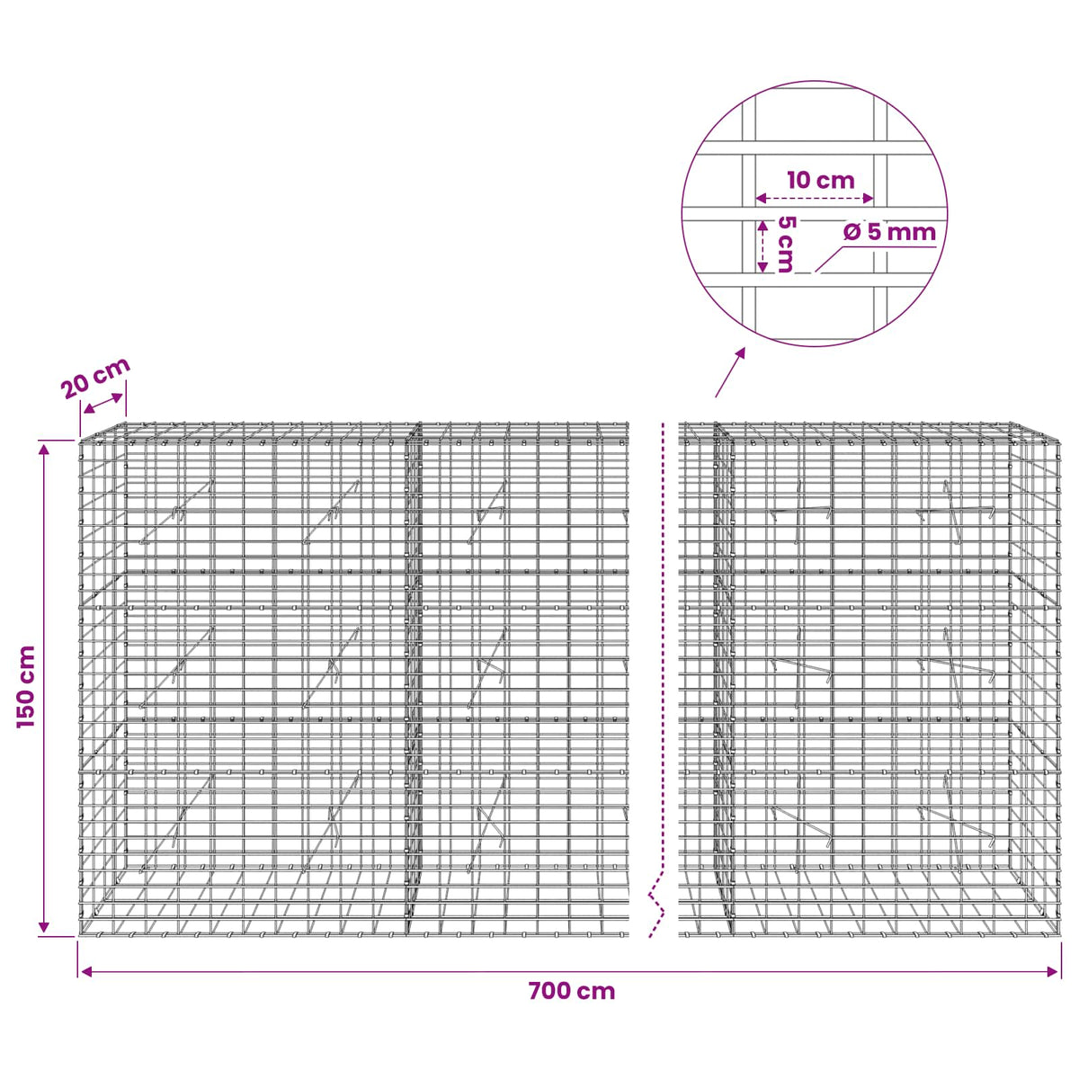 Gabion with 5 mm Wire and 5x10 cm Mesh 700x20x150 cm