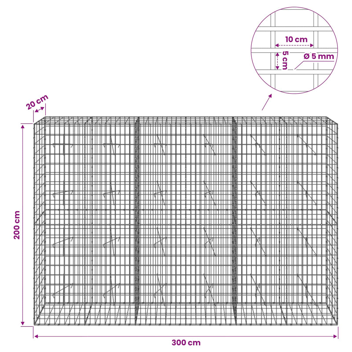 Gabion with 5 mm Wire and 5x10 cm Mesh 300x20x200 cm