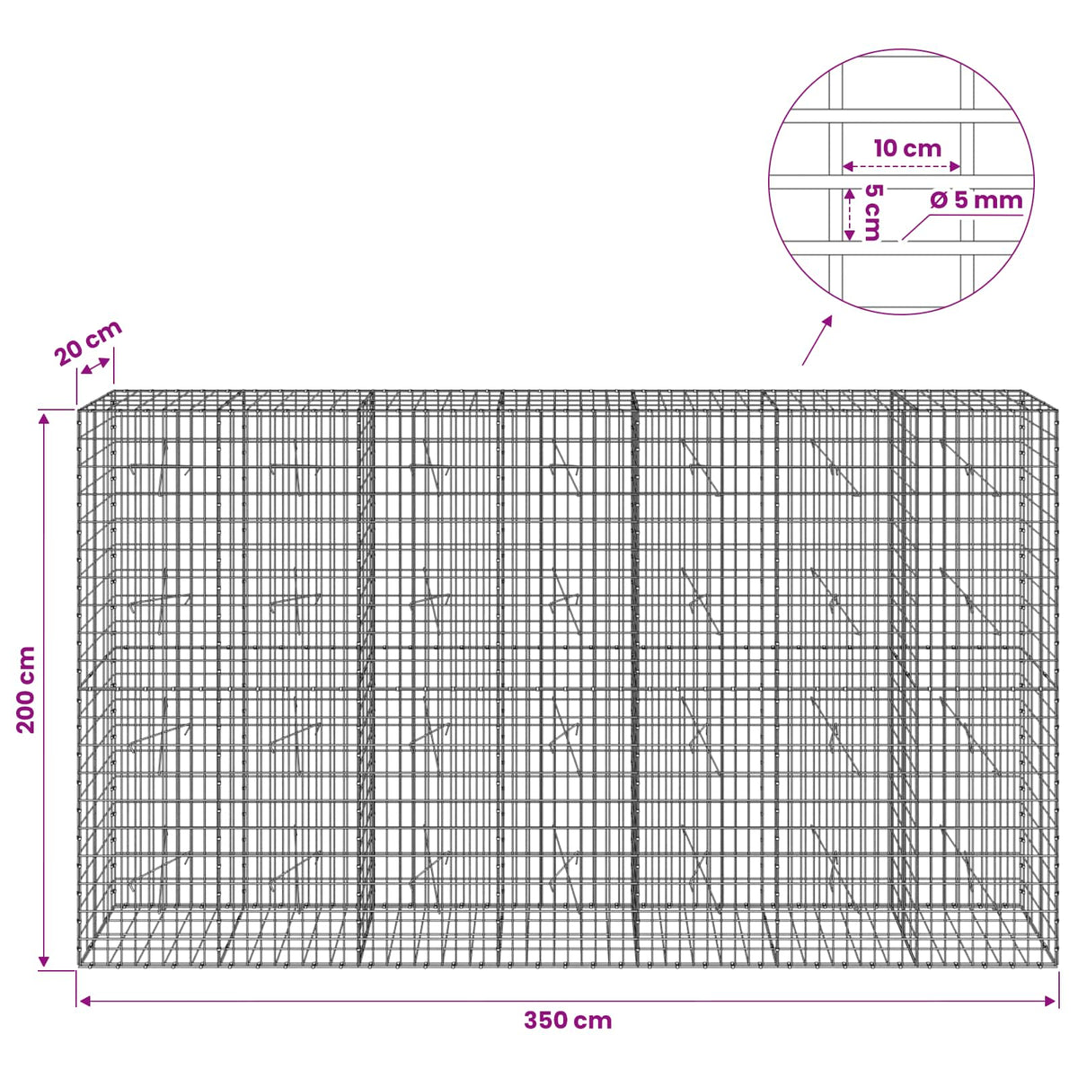 Gabion with 5 mm Wire and 5x10 cm Mesh 350x20x200 cm
