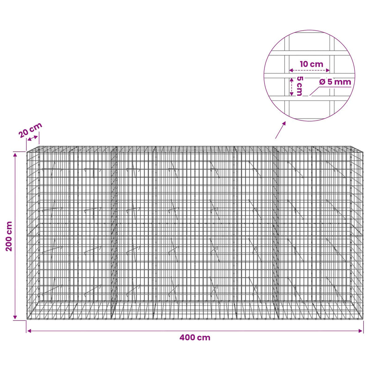 Gabion with 5 mm Wire and 5x10 cm Mesh 400x20x200 cm