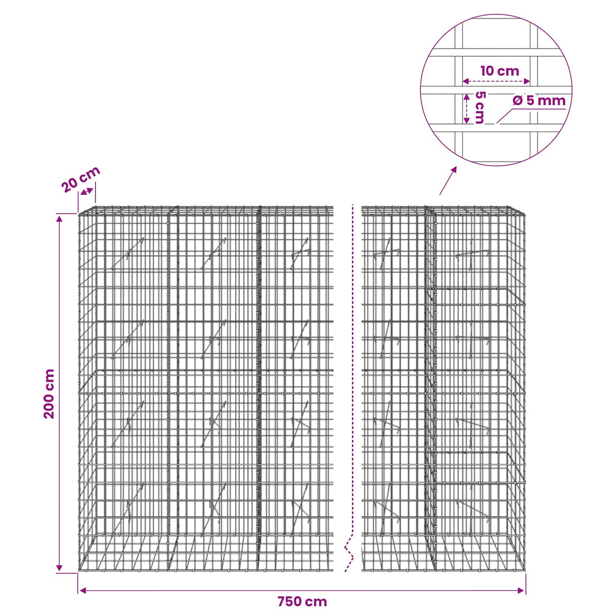 Gabion with 5 mm Wire and 5x10 cm Mesh 750x20x200 cm