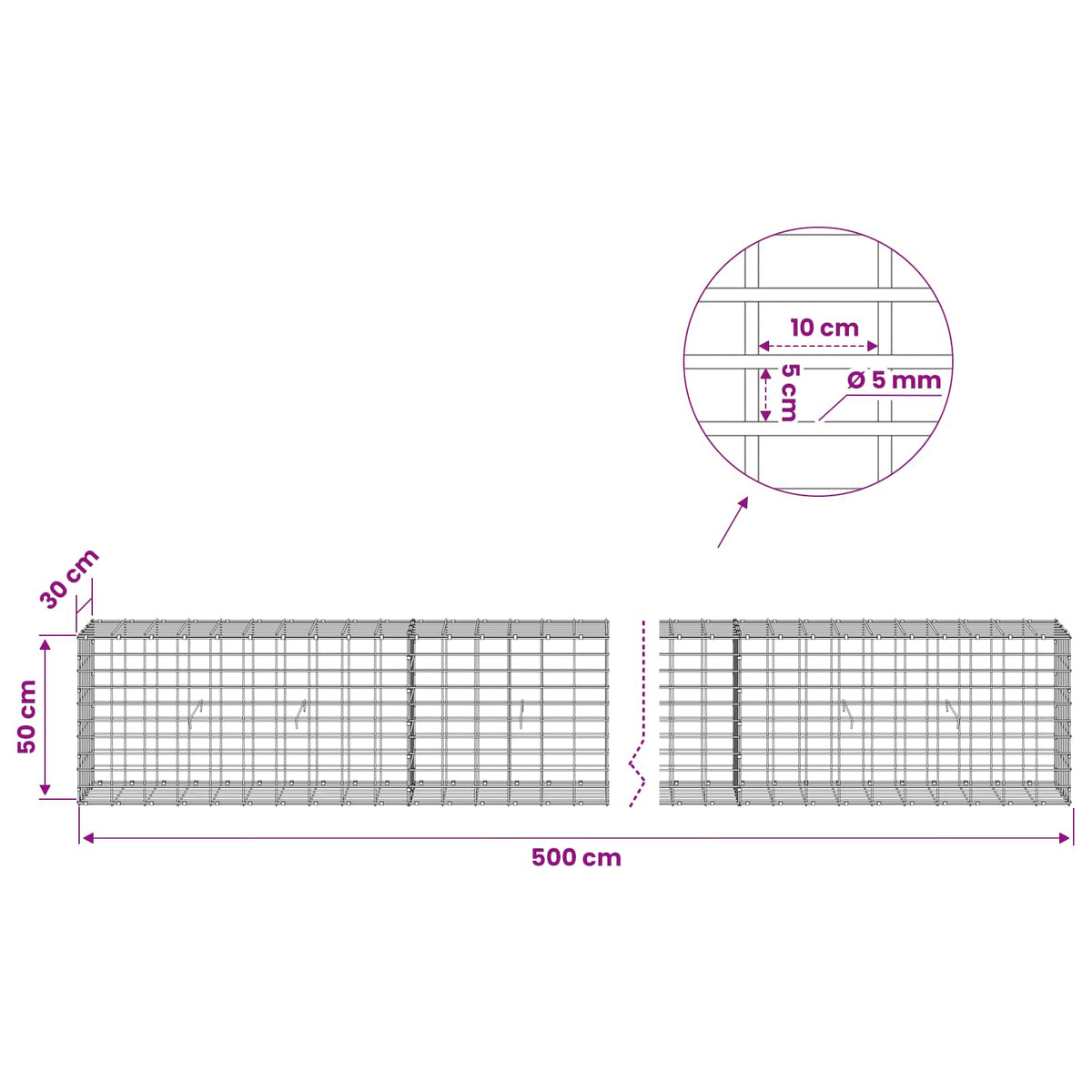 Gabion with 5 mm Wire and 5x10 cm Mesh 500x30x50 cm