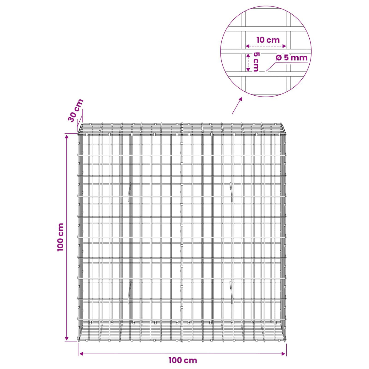 Gabion with 5 mm Wire and 5x10 cm Mesh 100x30x100 cm