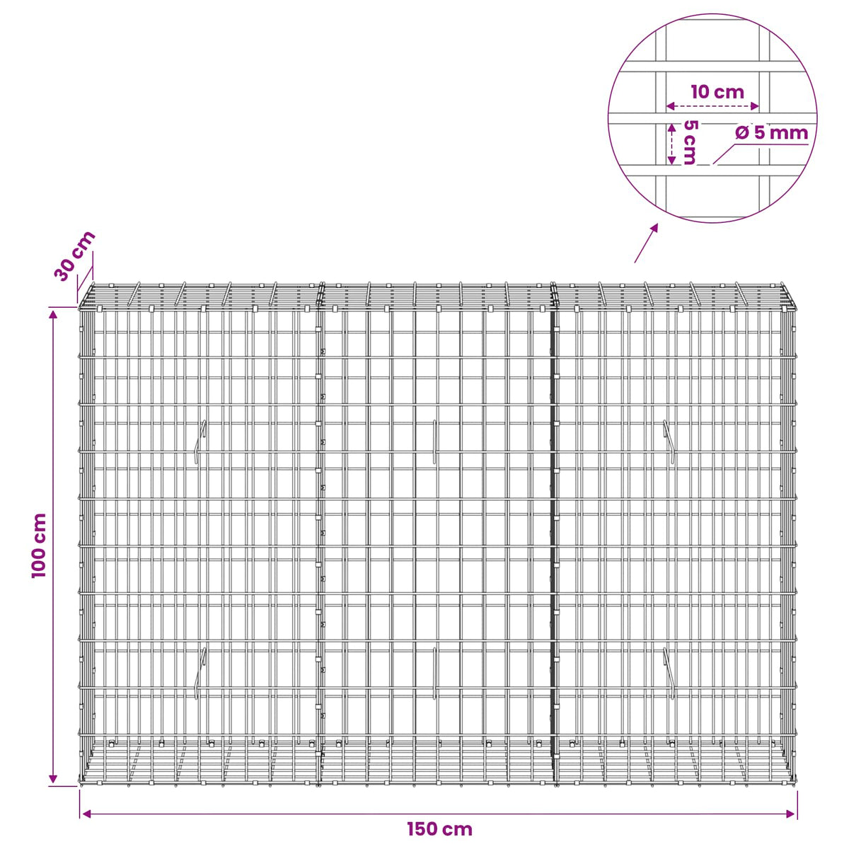 Gabion with 5 mm Wire and 5x10 cm Mesh 150x30x100 cm
