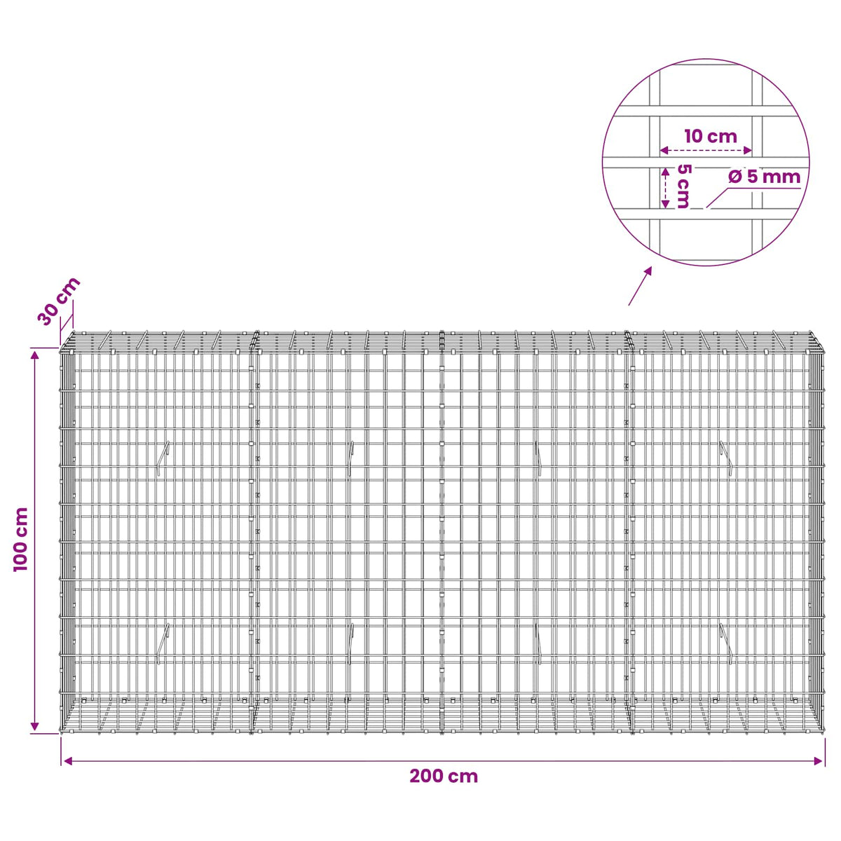 Gabion with 5 mm Wire and 5x10 cm Mesh 200x30x100 cm