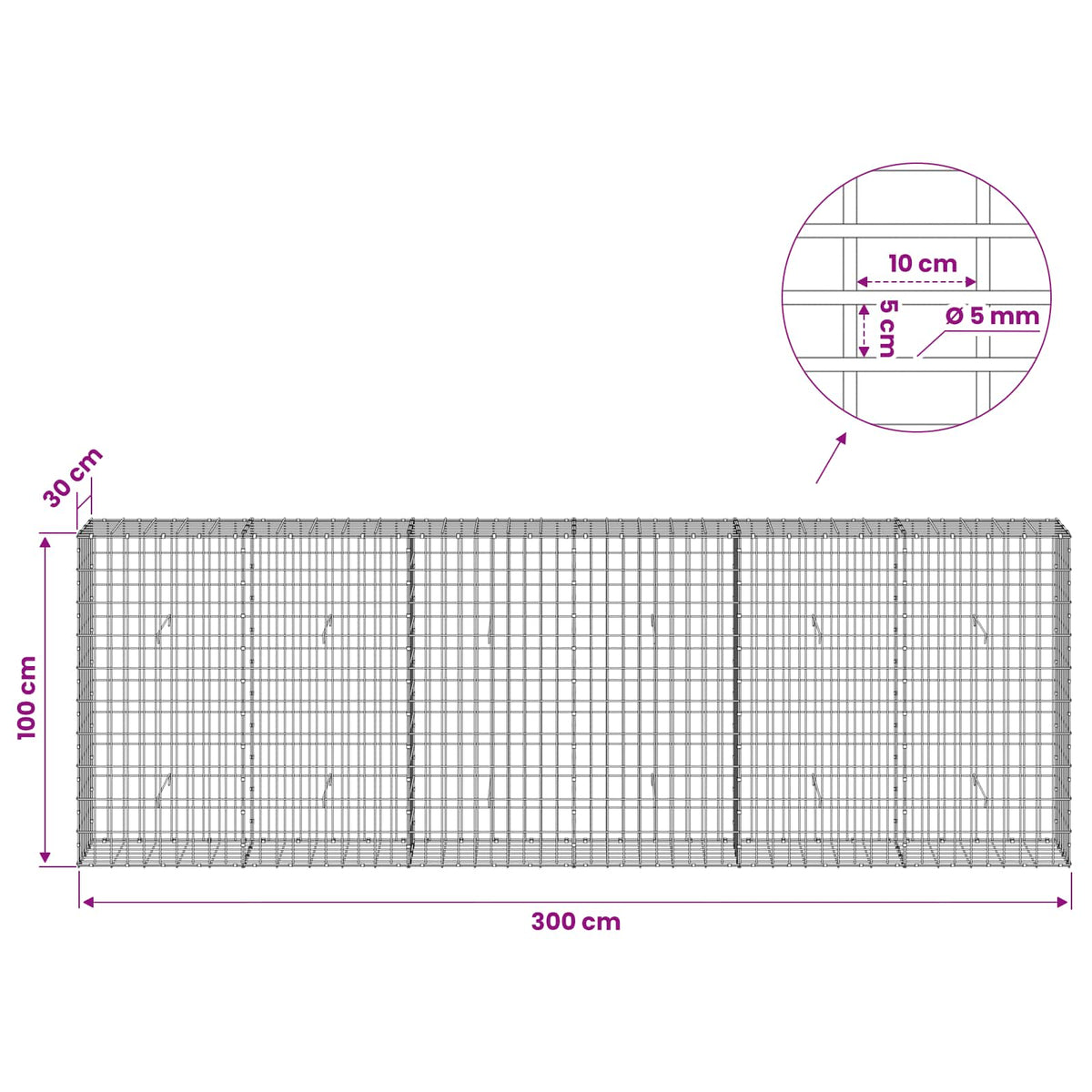 Gabion with 5 mm Wire and 5x10 cm Mesh 300x30x100 cm