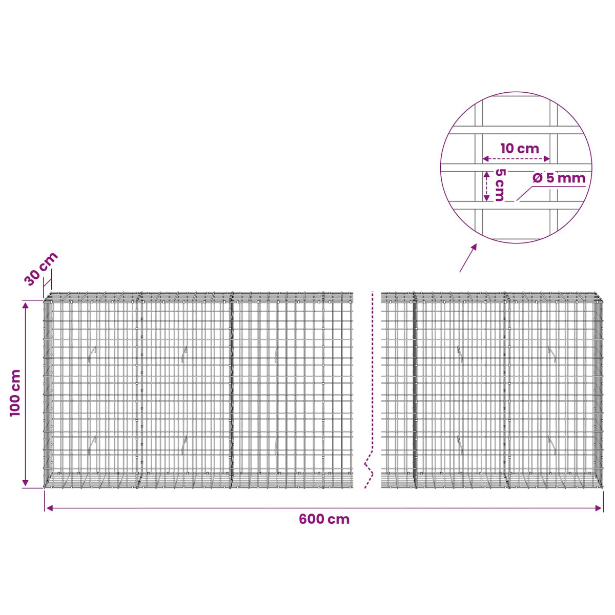 Gabion with 5 mm Wire and 5x10 cm Mesh 600x30x100 cm