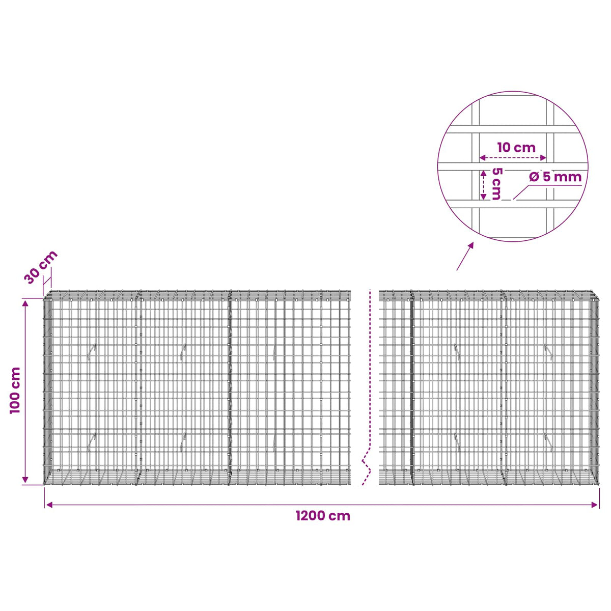 Gabion with 5 mm Wire and 5x10 cm Mesh 1200x30x100 cm