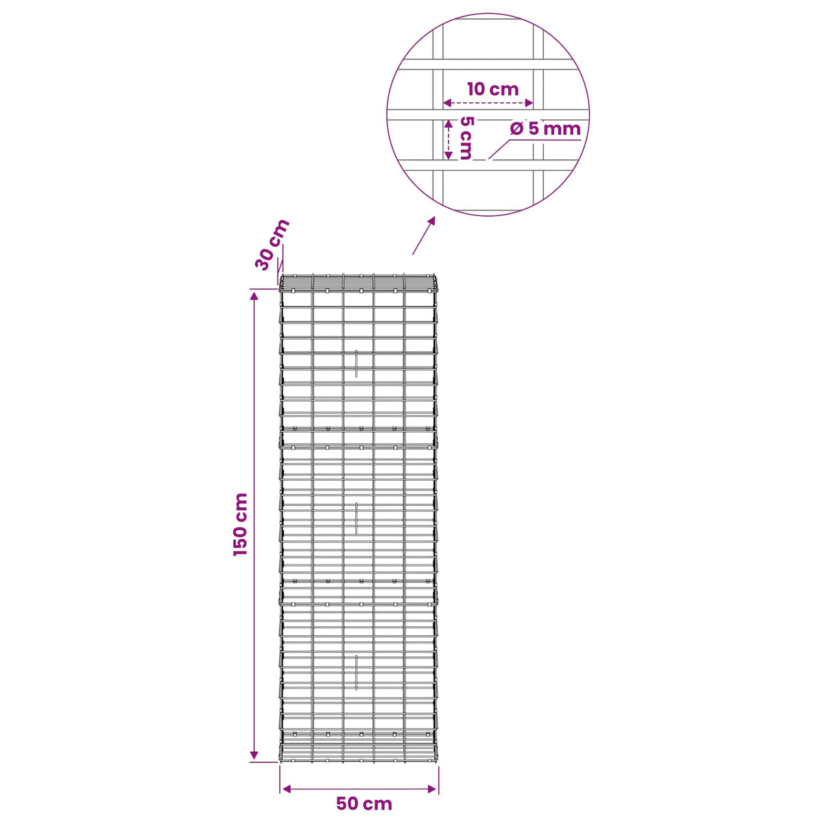 Gabion with 5 mm Wire and 5x10 cm Mesh 50x30x150 cm