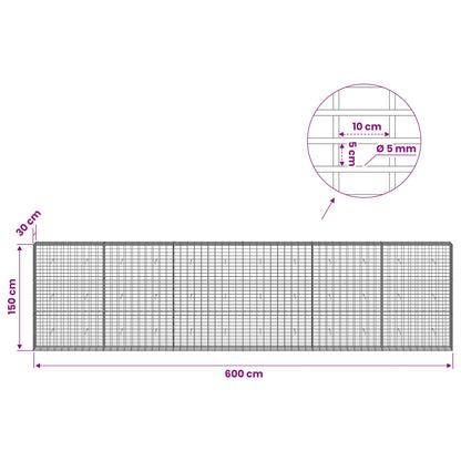 Gabion with 5 mm Wire and 5x10 cm Mesh 600x30x150 cm
