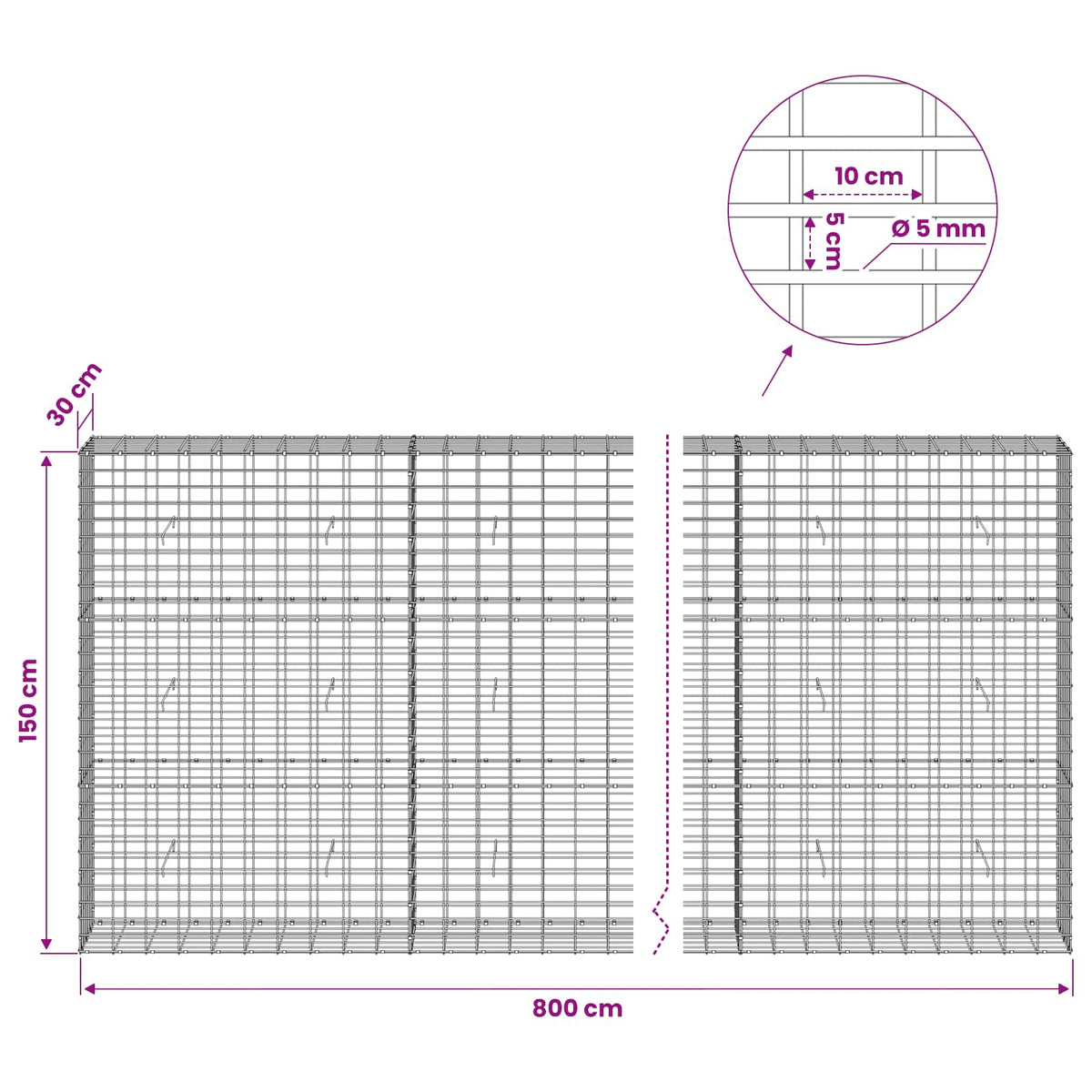 Gabion with 5 mm Wire and 5x10 cm Mesh 800x30x150 cm