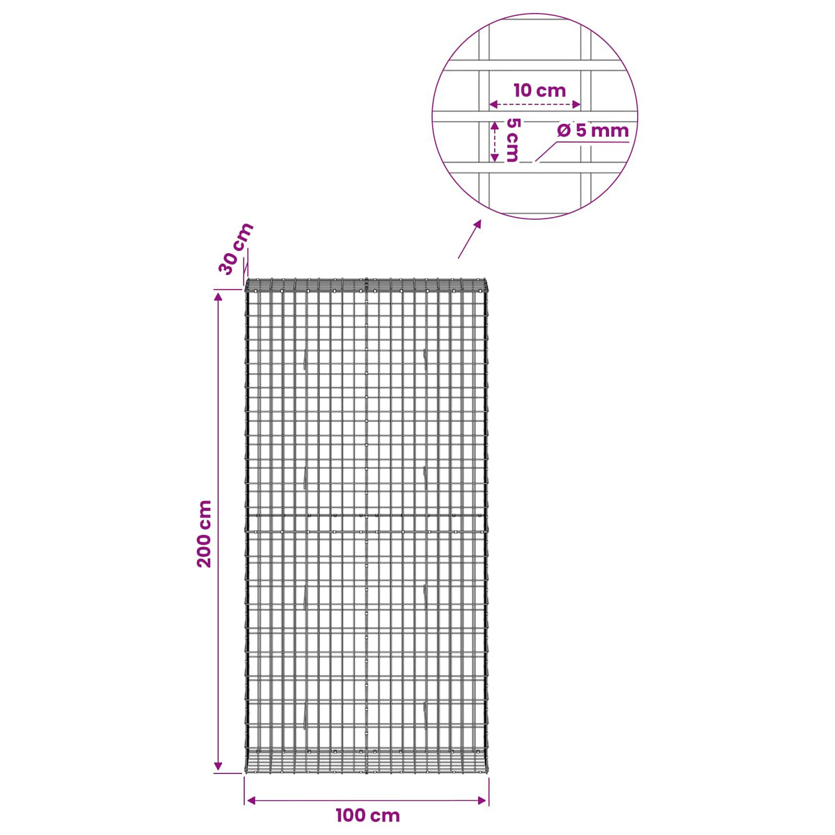Gabion with 5 mm Wire and 5x10 cm Mesh 100x30x200 cm