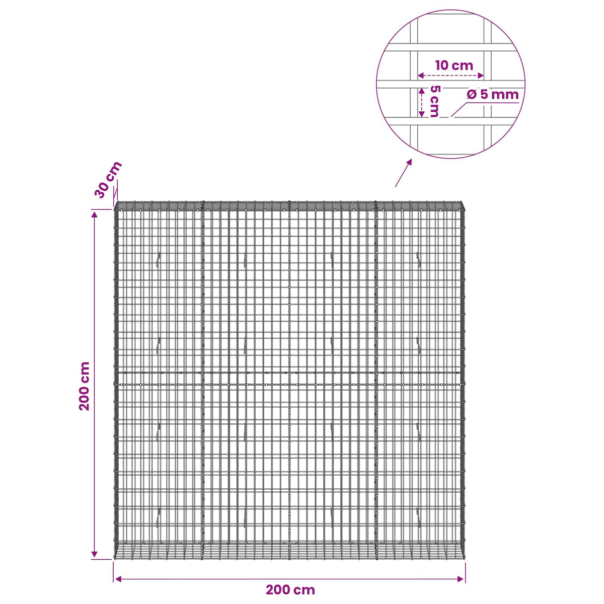 Gabion with 5 mm Wire and 5x10 cm Mesh 200x30x200 cm