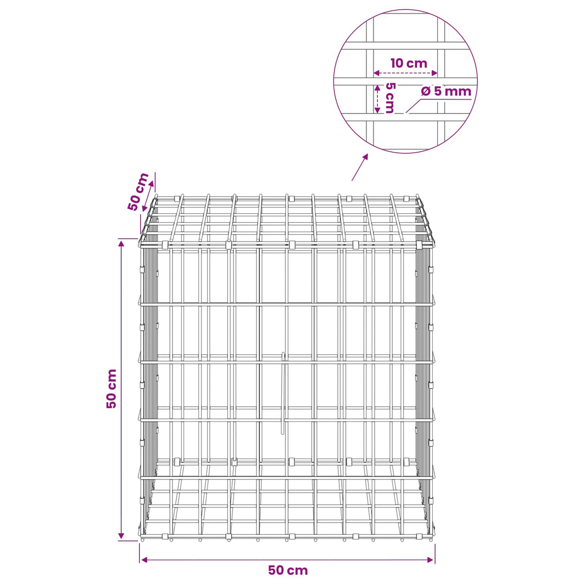 Gabion with 5 mm Wire and 5x10 cm Mesh 50x50x50 cm