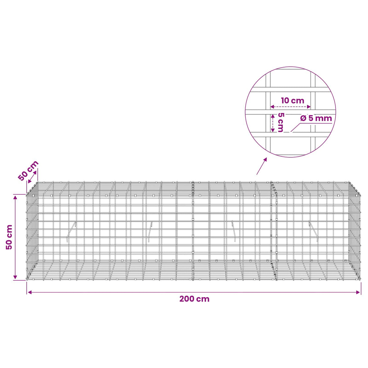 Gabion with 5 mm Wire and 5x10 cm Mesh 200x50x50 cm