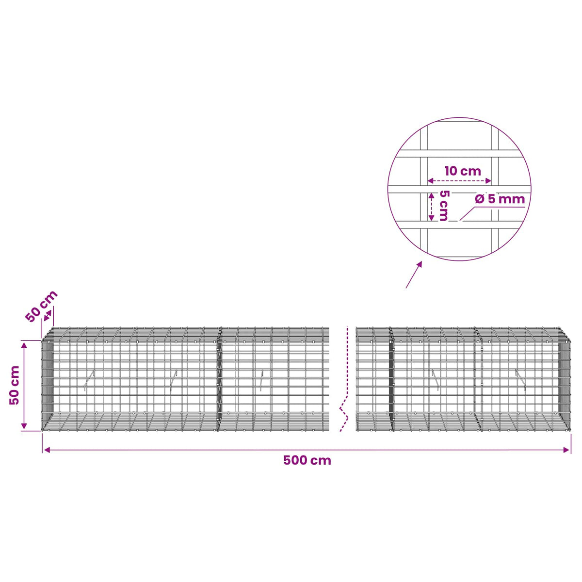 Gabion with 5 mm Wire and 5x10 cm Mesh 500x50x50 cm
