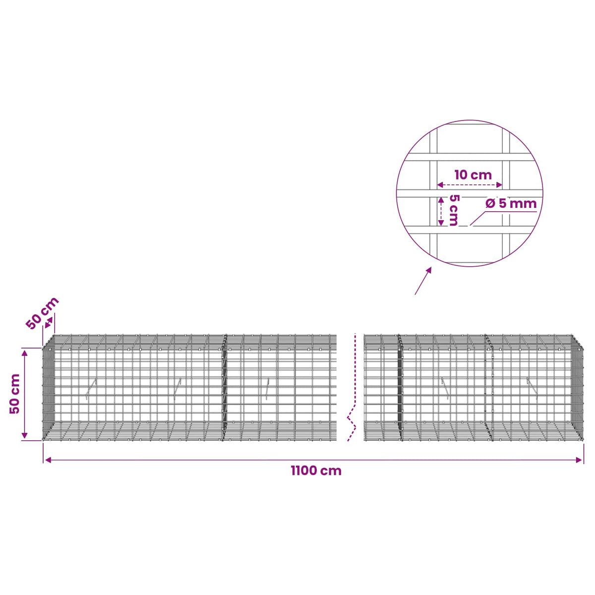 Gabion with 5 mm Wire and 5x10 cm Mesh 1100x50x50 cm