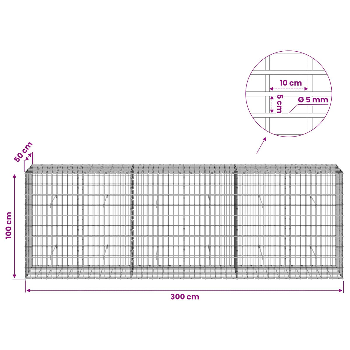 Gabion with 5 mm Wire and 5x10 cm Mesh 300x50x100 cm