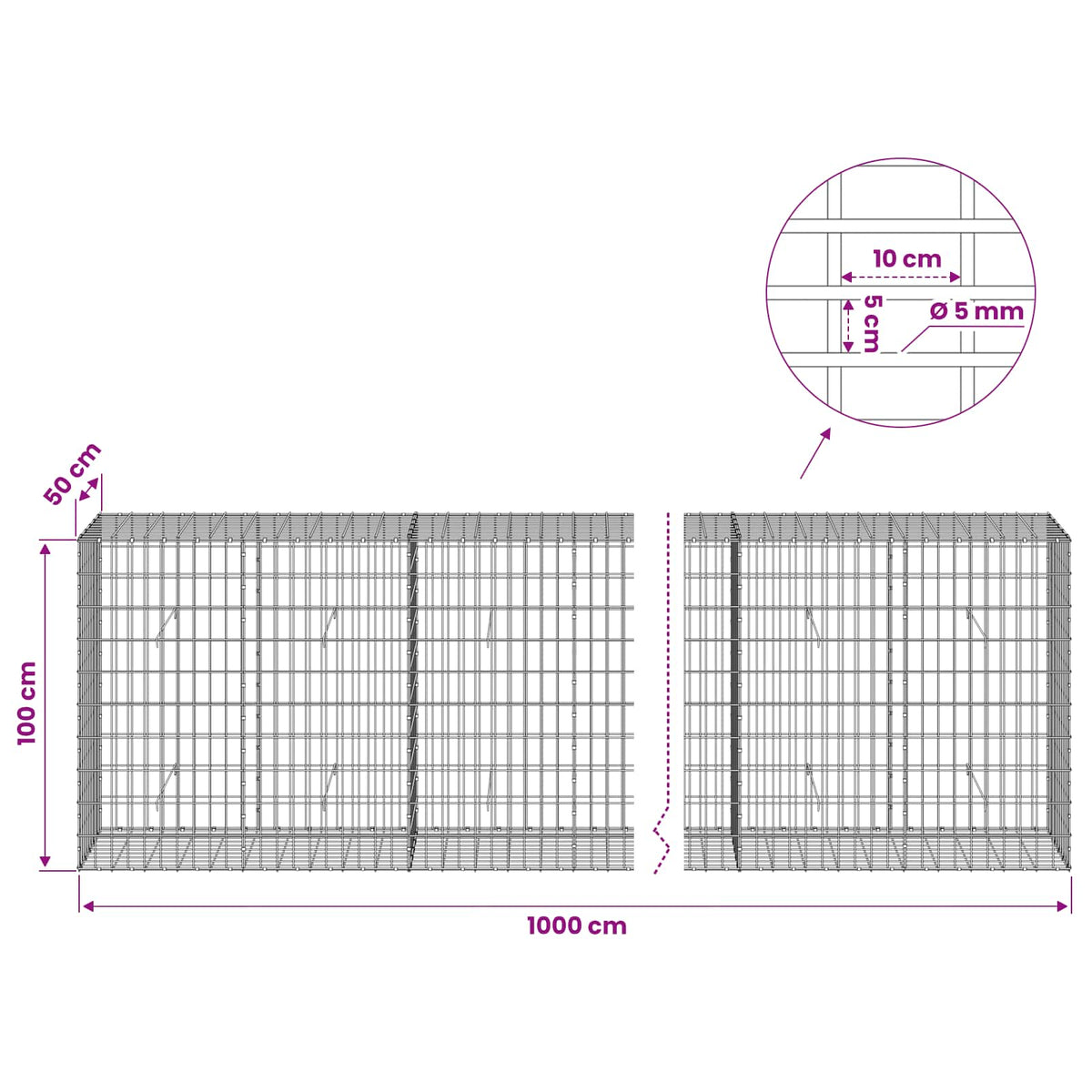 Gabion with 5 mm Wire and 5x10 cm Mesh 1000x50x100 cm
