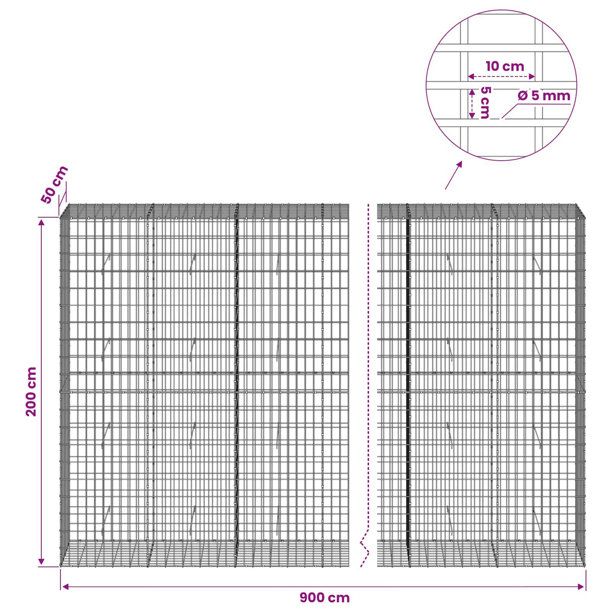 Gabion with 5 mm Wire and 5x10 cm Mesh 900x50x200 cm