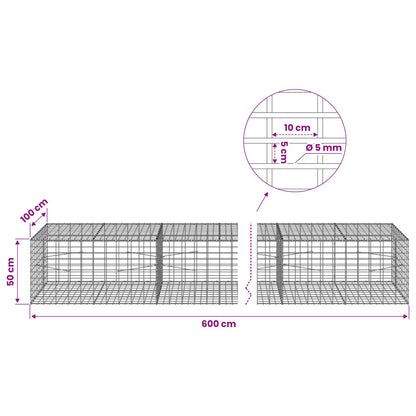 Gabion with 5 mm Wire and 5x10 cm Mesh 600x100x50 cm