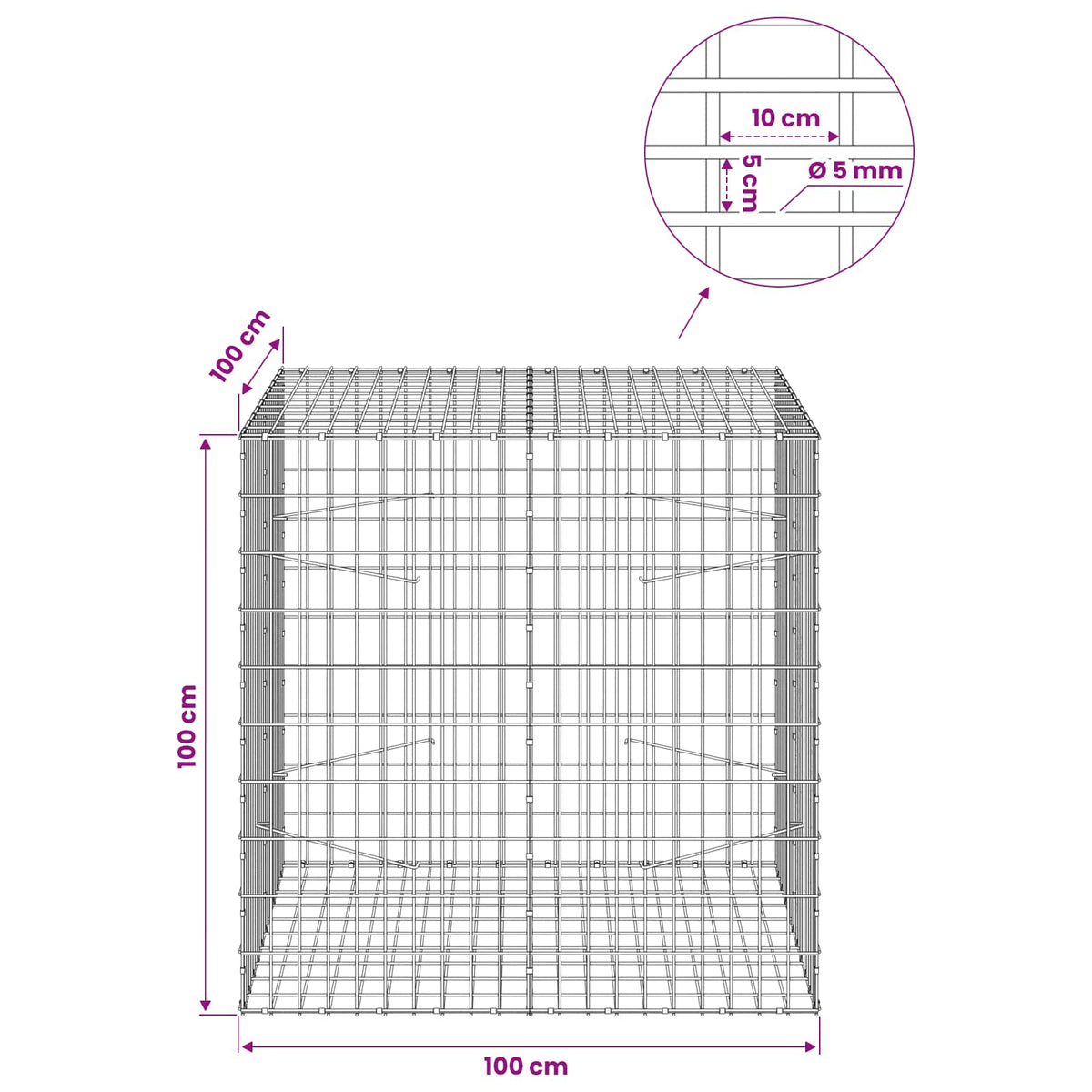 Gabion with 5 mm Wire and 5x10 cm Mesh 100x100x100 cm
