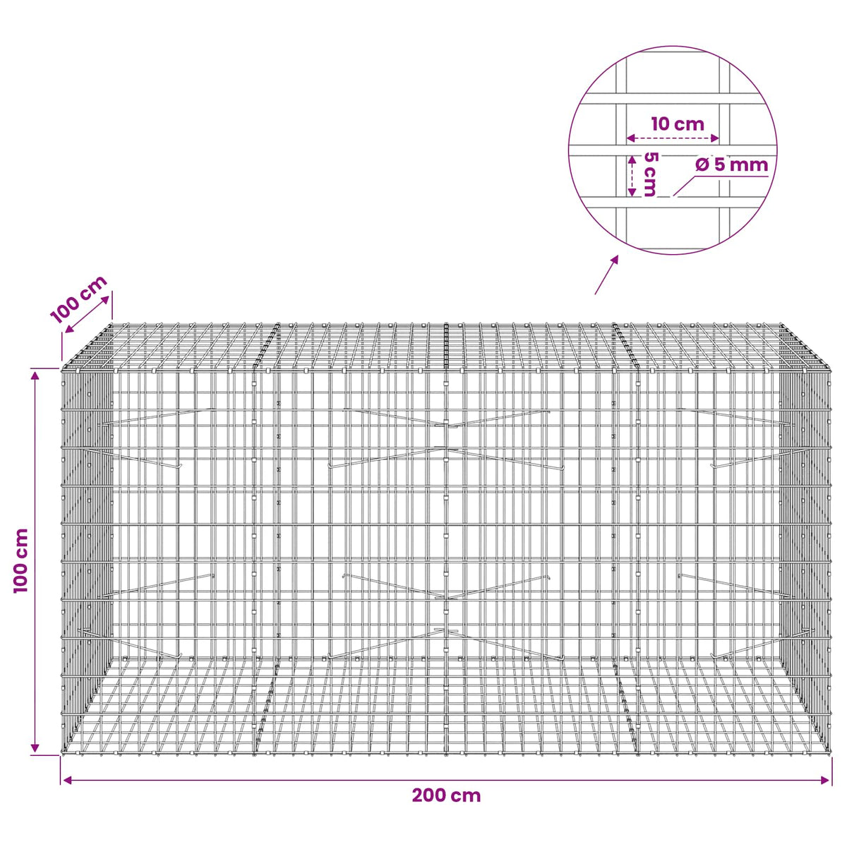 Gabion with 5 mm Wire and 5x10 cm Mesh 200x100x100 cm