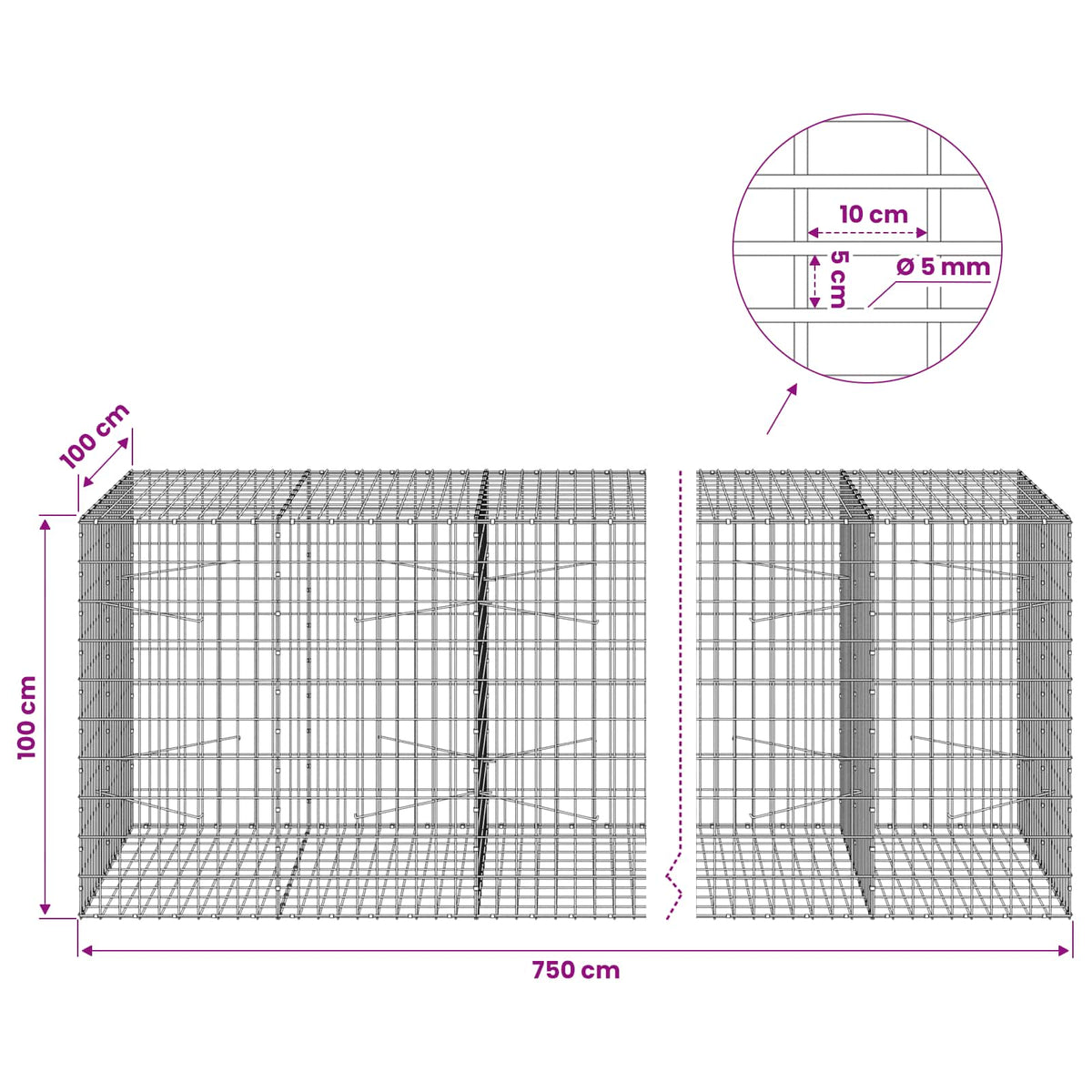 Gabion with 5 mm Wire and 5x10 cm Mesh 750x100x100 cm