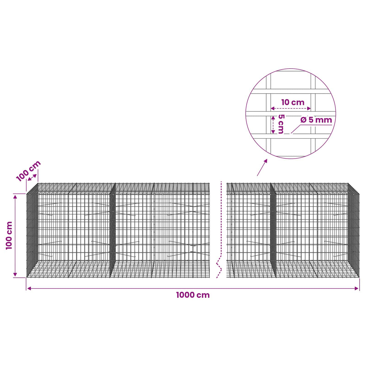 Gabion with 5 mm Wire and 5x10 cm Mesh 1000x100x100 cm