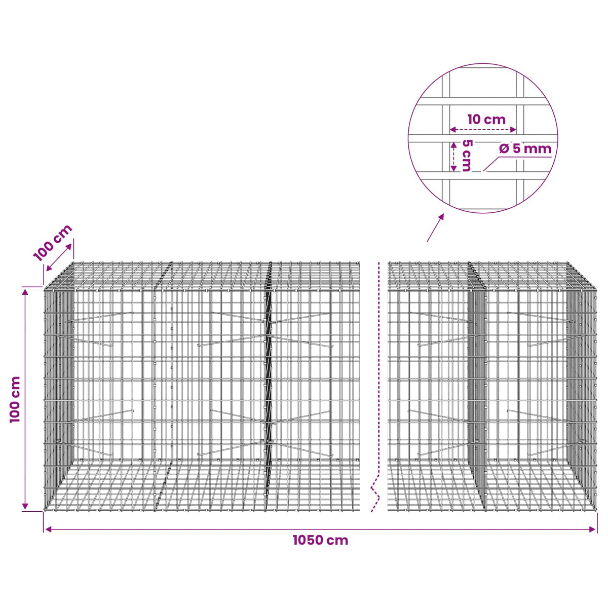 Gabion with 5 mm Wire and 5x10 cm Mesh 1050x100x100 cm