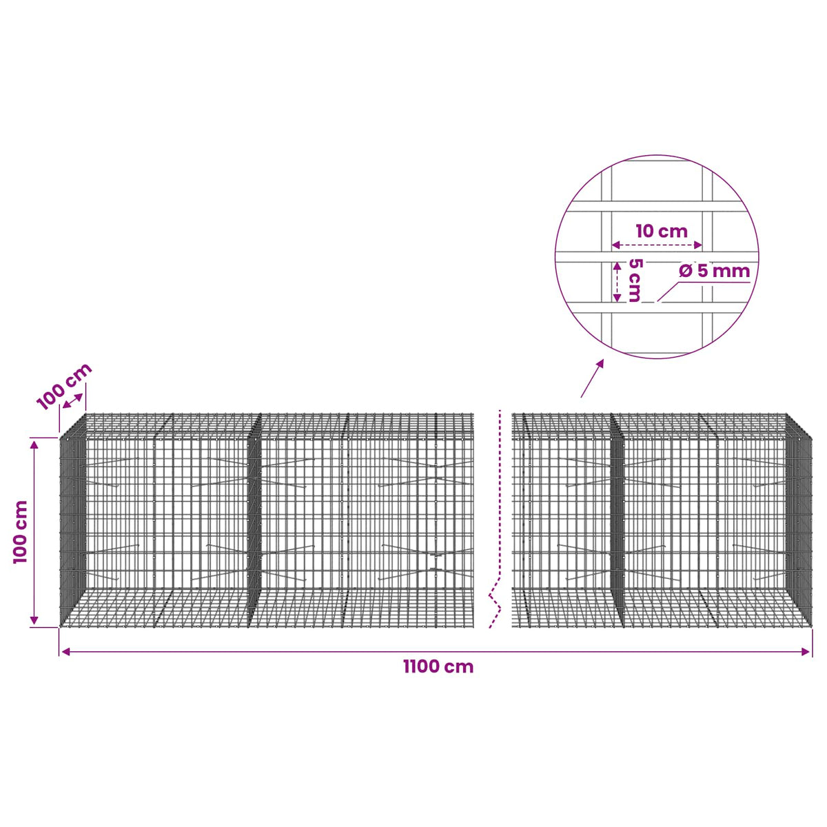 Gabion with 5 mm Wire and 5x10 cm Mesh 1100x100x100 cm