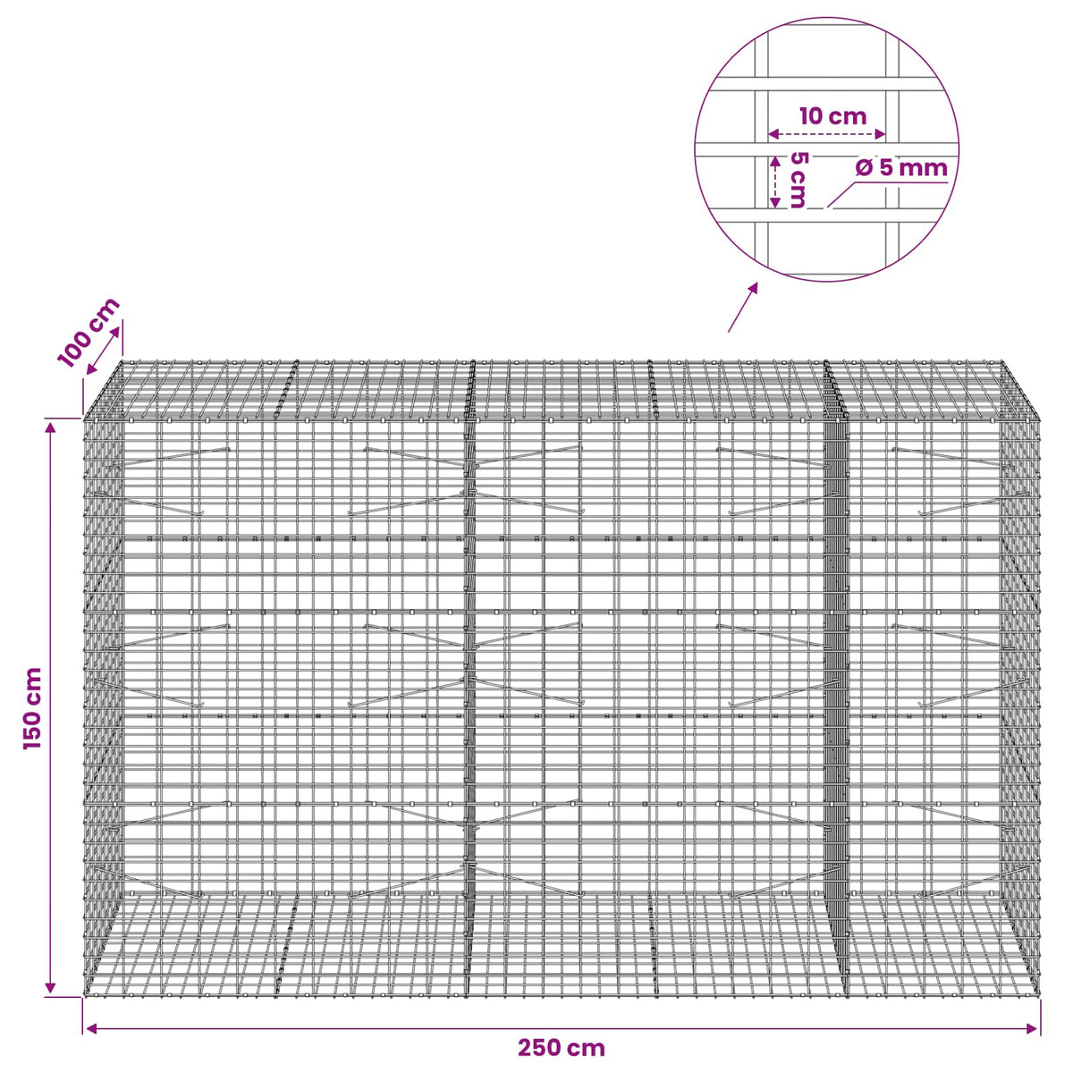 Gabion with 5 mm Wire and 5x10 cm Mesh 250x100x150 cm