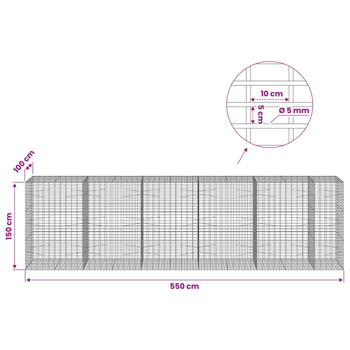 Gabion with 5 mm Wire and 5x10 cm Mesh 550x100x150 cm