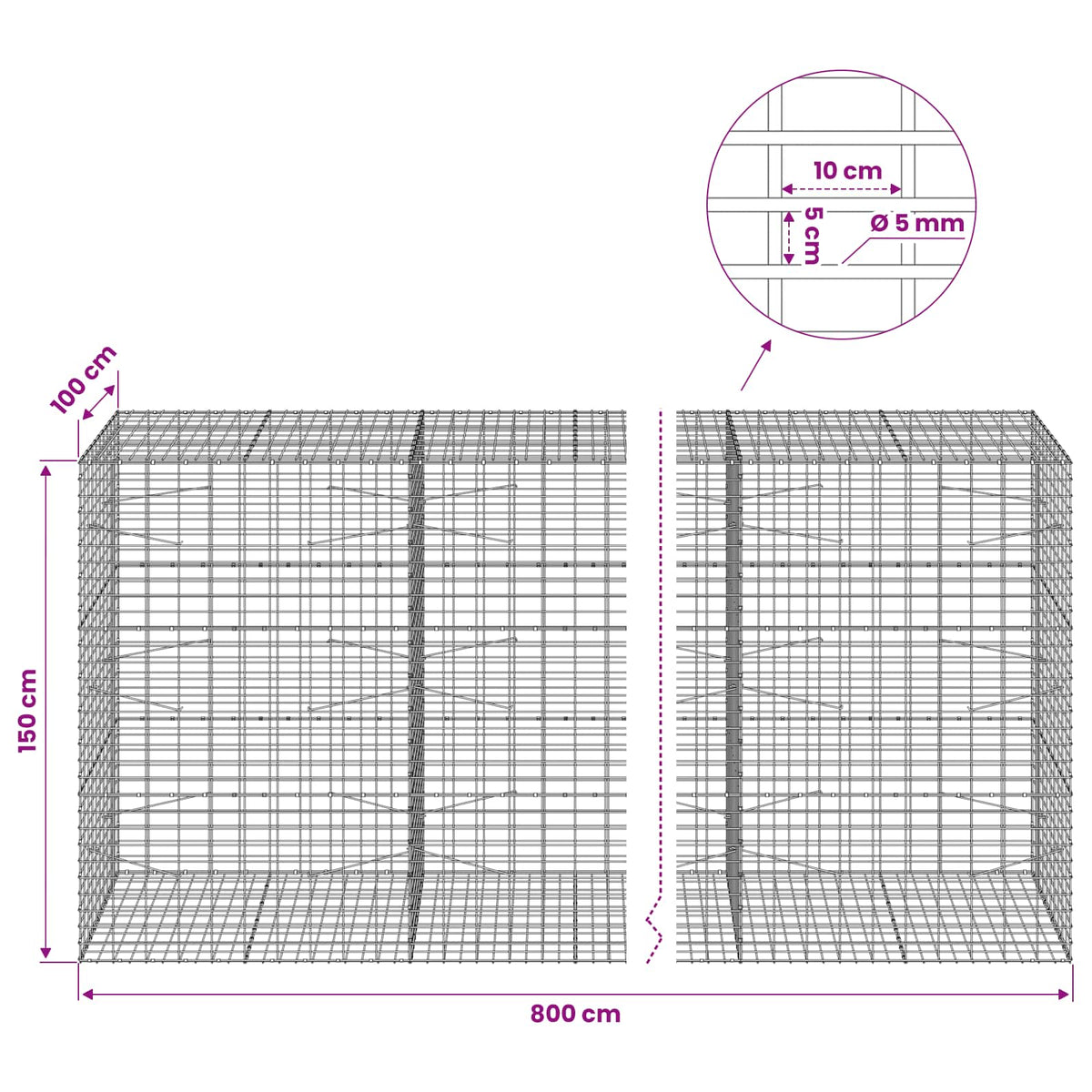 Gabion with 5 mm Wire and 5x10 cm Mesh 800x100x150 cm