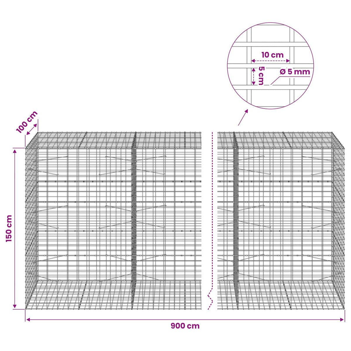 Gabion with 5 mm Wire and 5x10 cm Mesh 900x100x150 cm