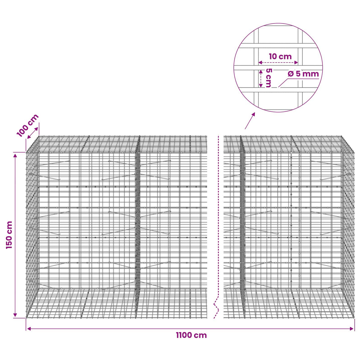 Gabion with 5 mm Wire and 5x10 cm Mesh 1100x100x150 cm
