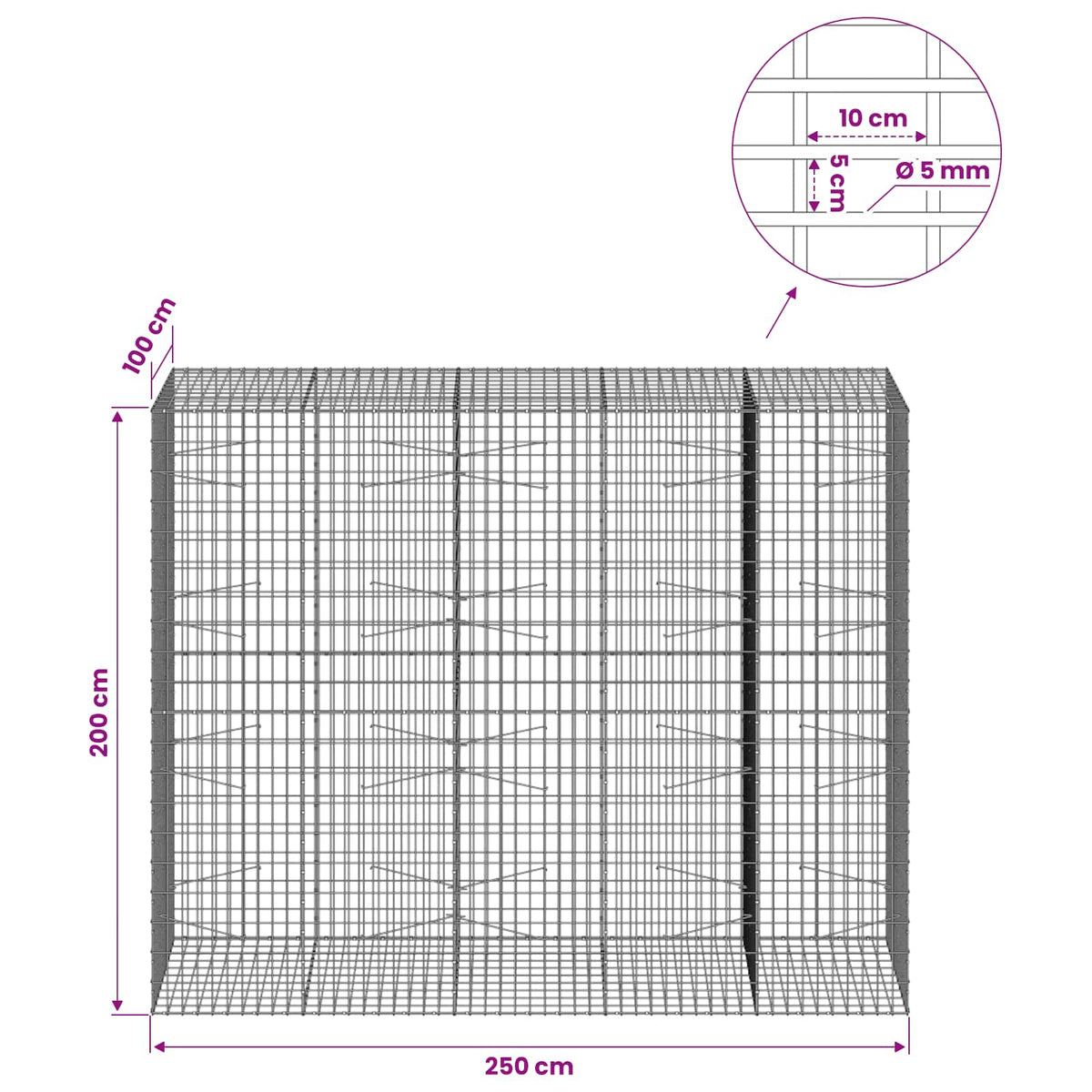 Gabion with 5 mm Wire and 5x10 cm Mesh 250x100x200 cm