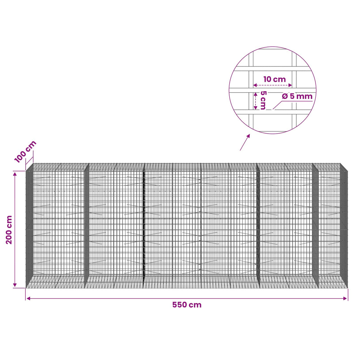 Gabion with 5 mm Wire and 5x10 cm Mesh 550x100x200 cm