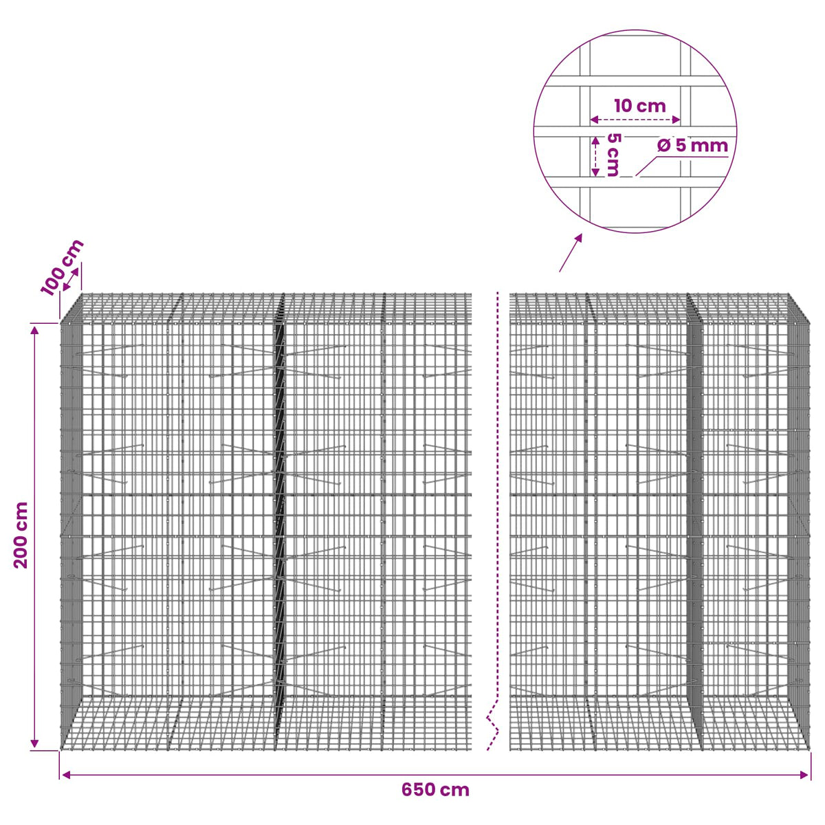 Gabion with 5 mm Wire and 5x10 cm Mesh 650x100x200 cm