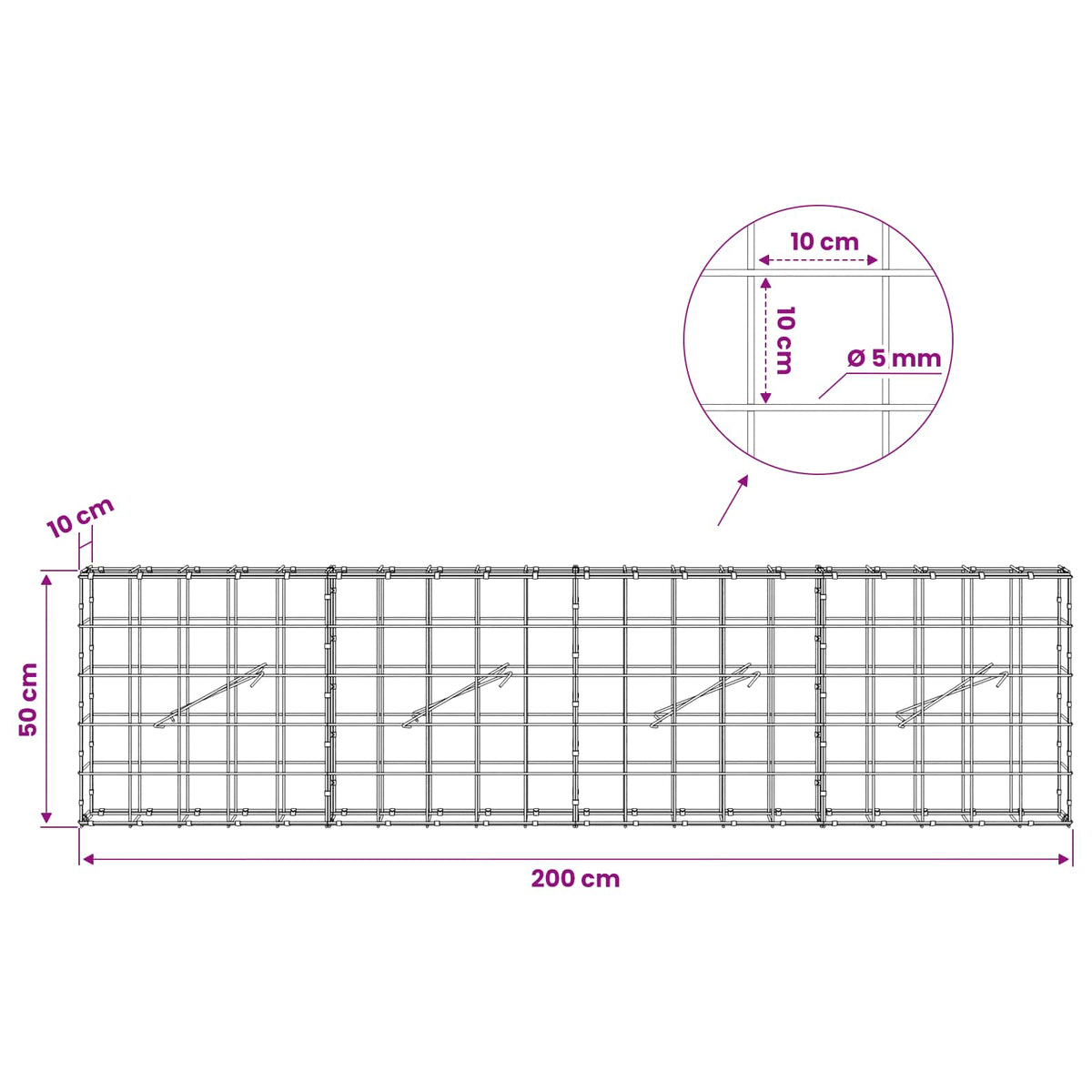 Gabion with 5 mm Wire and 10x10 cm Mesh 200x10x50 cm