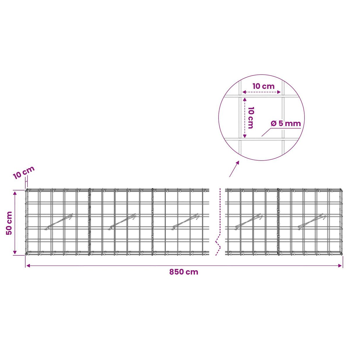 Gabion with 5 mm Wire and 10x10 cm Mesh 850x10x50 cm