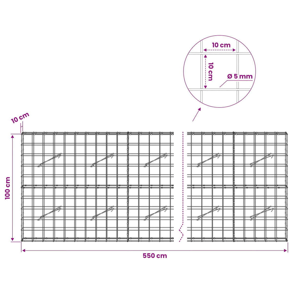 Gabion with 5 mm Wire and 10x10 cm Mesh 550x10x100 cm