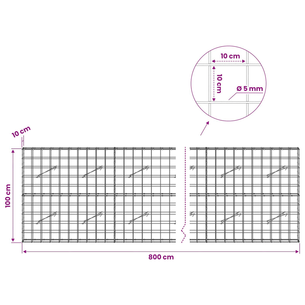 Gabion with 5 mm Wire and 10x10 cm Mesh 800x10x100 cm